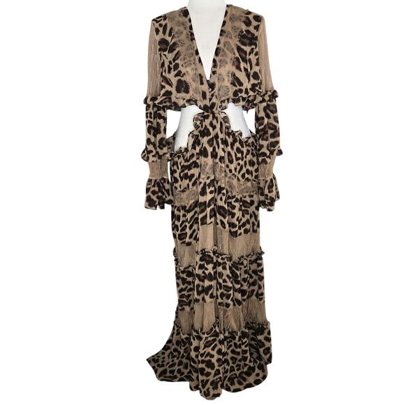 Rosevelvet EUC Leopard cut out lace sheer ruffle maxi dress 2X brown tan - Picture 5 of 17